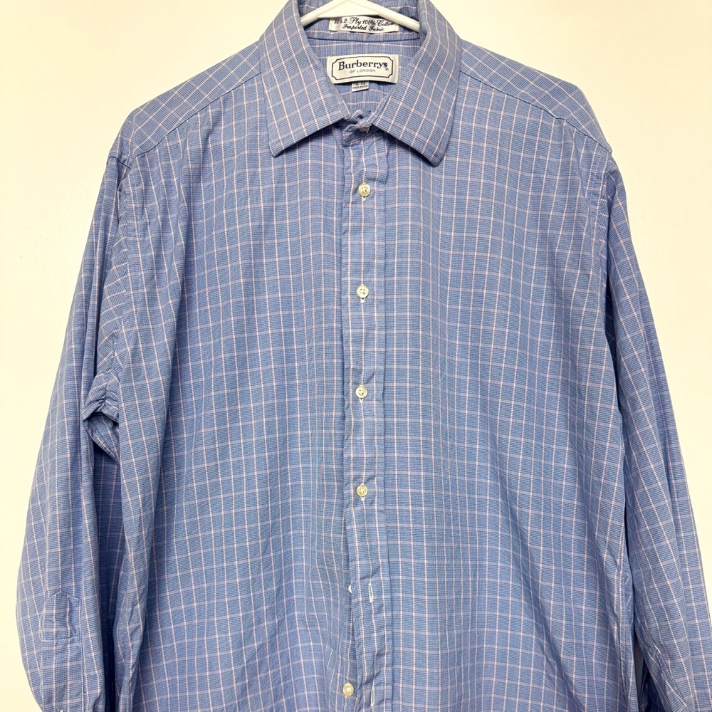 VTG Burberry London Mens Blue White Striped Button Up Shirt Mens 17.5/34 Career